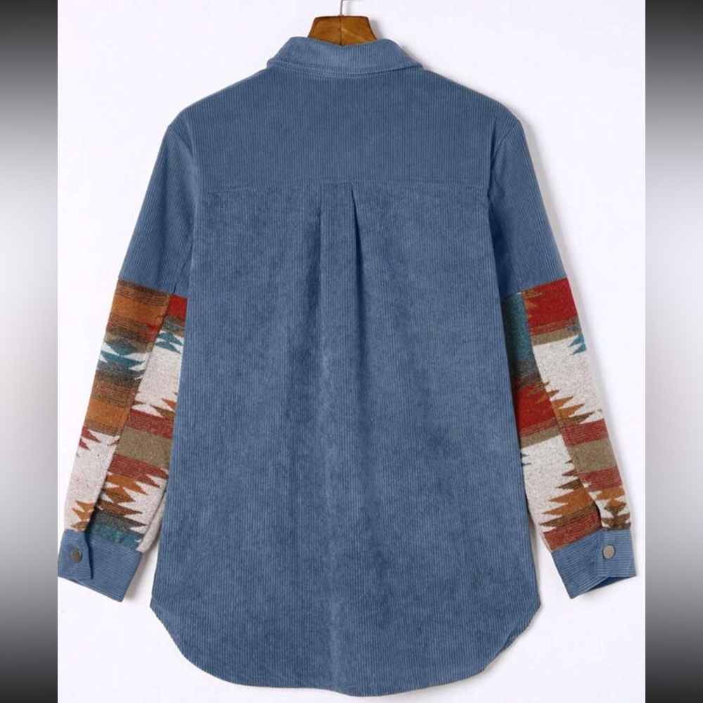 Cozy Boho Oversized Aztec Print Pocket Corduroy Jacket Shacket Button Down Shirt - Picture 5 of 7